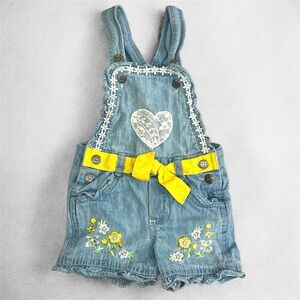 90s Vintage Girls Size 2T Jean Overalls Embroidered Floral Bib Front Denim